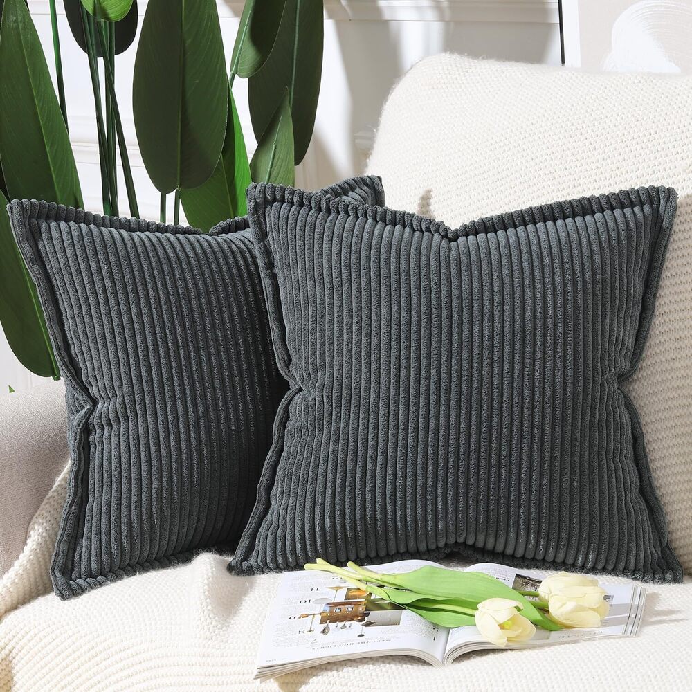 1397 Dark Grey Corduroy Throw Pillow Covers 18x18 inch with Fringe Edge Set